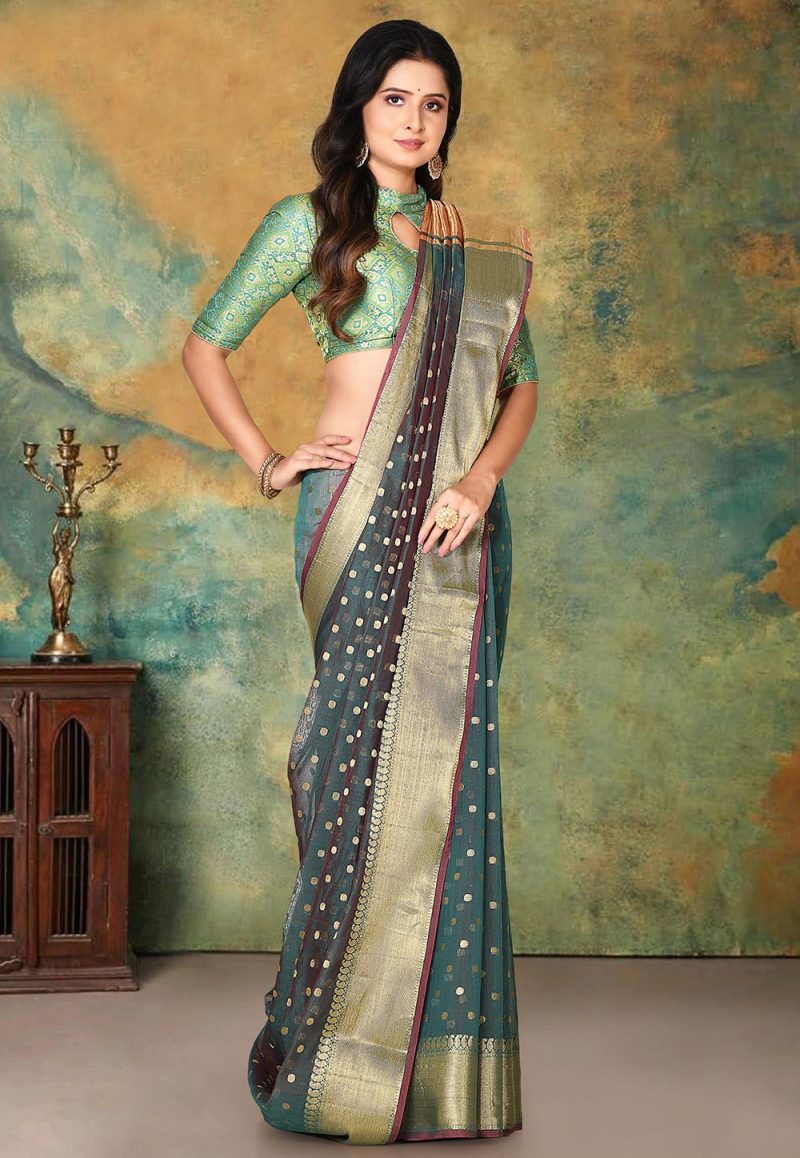 Woven Banarasi Cotton Silk Saree in Teal Green Dual Tone 1