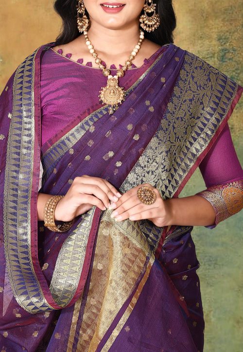 Woven Banarasi Cotton Silk Saree in Violet 7