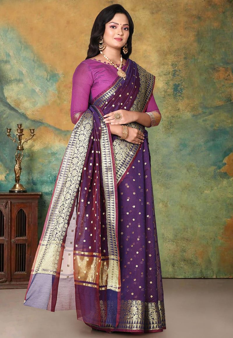 Woven Banarasi Cotton Silk Saree in Violet 1
