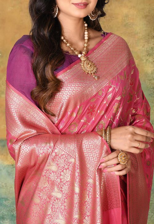 Woven Banarasi Silk Saree in Pink 7