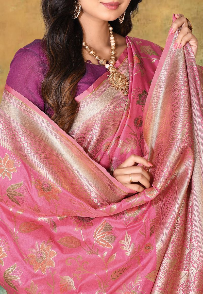 Woven Banarasi Silk Saree in Pink 3