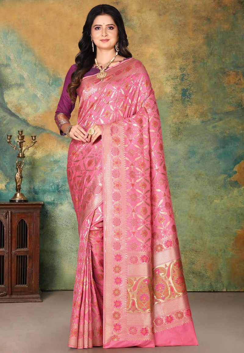 Woven Banarasi Silk Saree in Pink 1