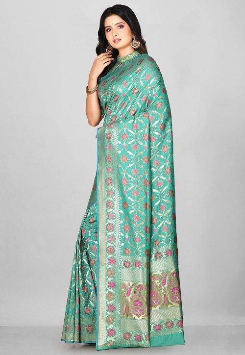 Woven Banarasi Silk Saree in Teal Green 6