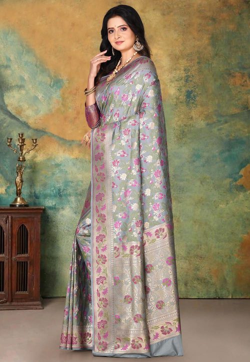 Woven Banarasi Silk Saree in Grey 6