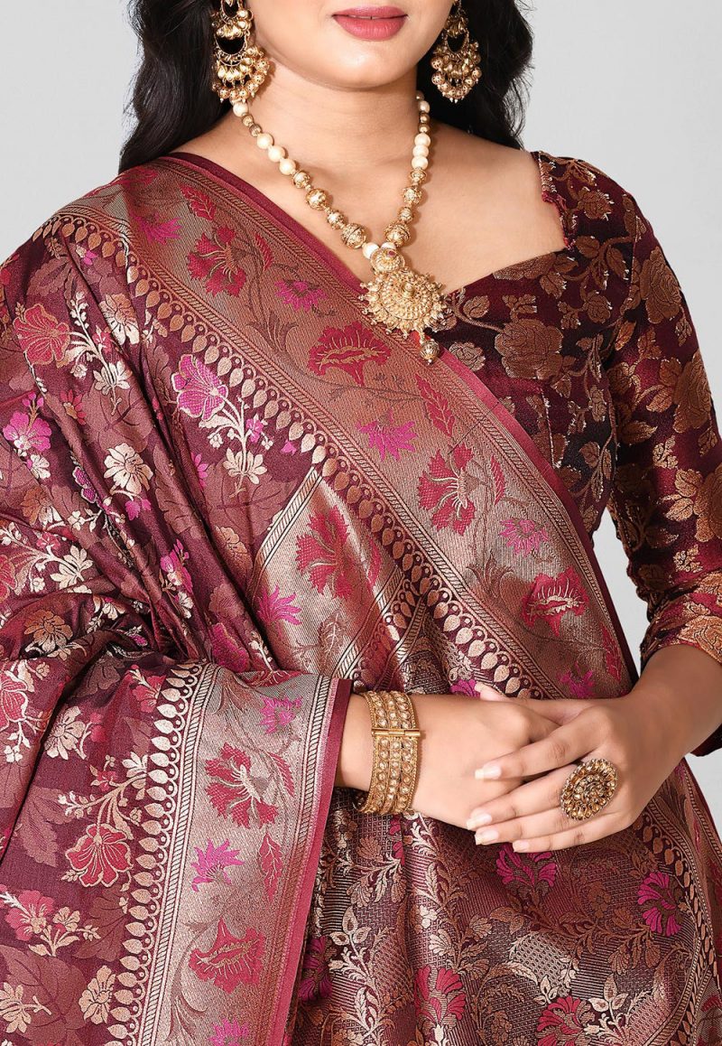 Woven Banarasi Silk Saree in Maroon 3