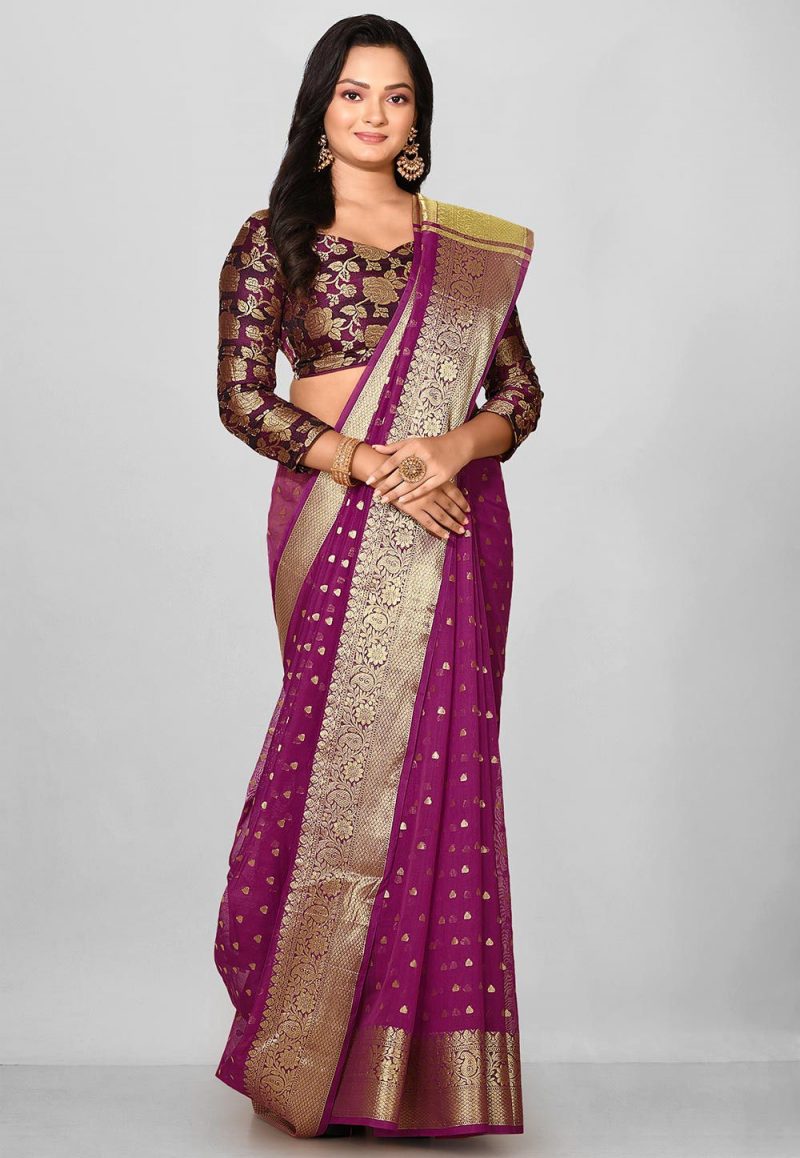 Woven Banarasi Cotton Silk Saree in Purple 1