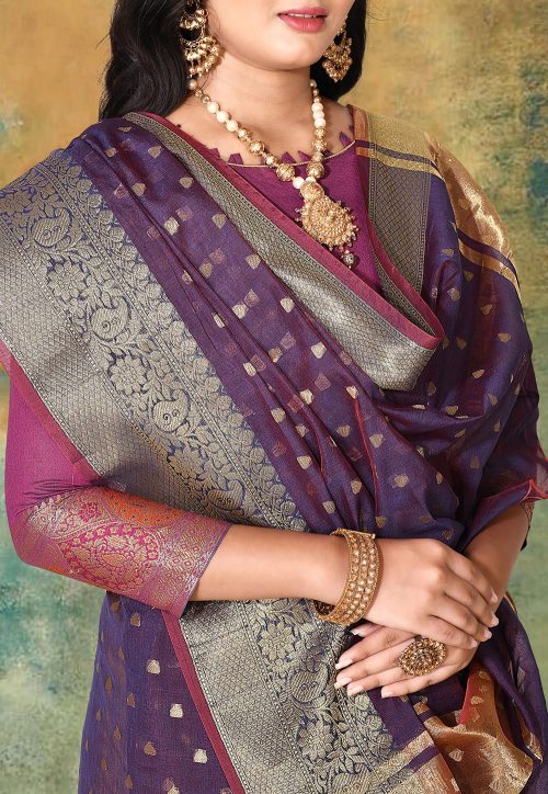 Woven Banarasi Cotton Silk Saree in Violet 7