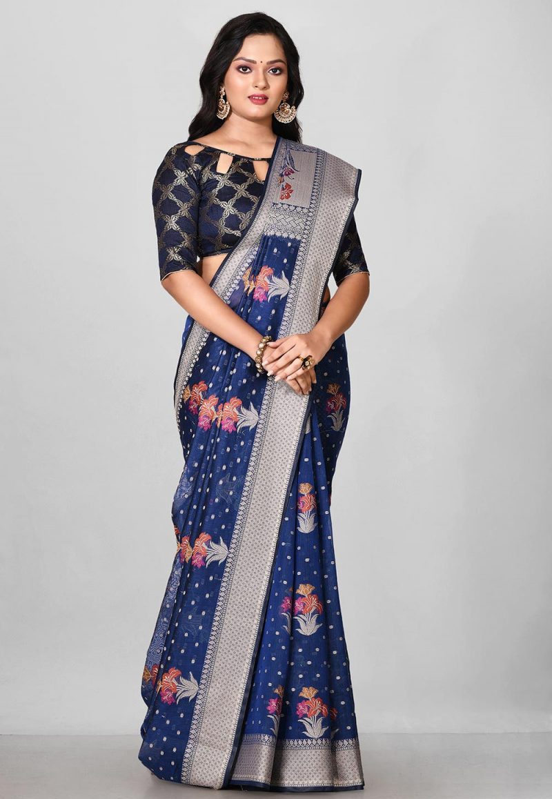Woven Banarasi Cotton Silk Saree in Navy Blue 1