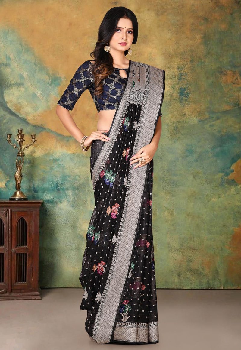 Woven Banarasi Cotton Silk Saree in Black 1