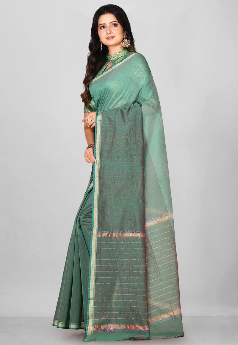Woven Banarasi Cotton Silk Saree in Shaded Teal Green 2