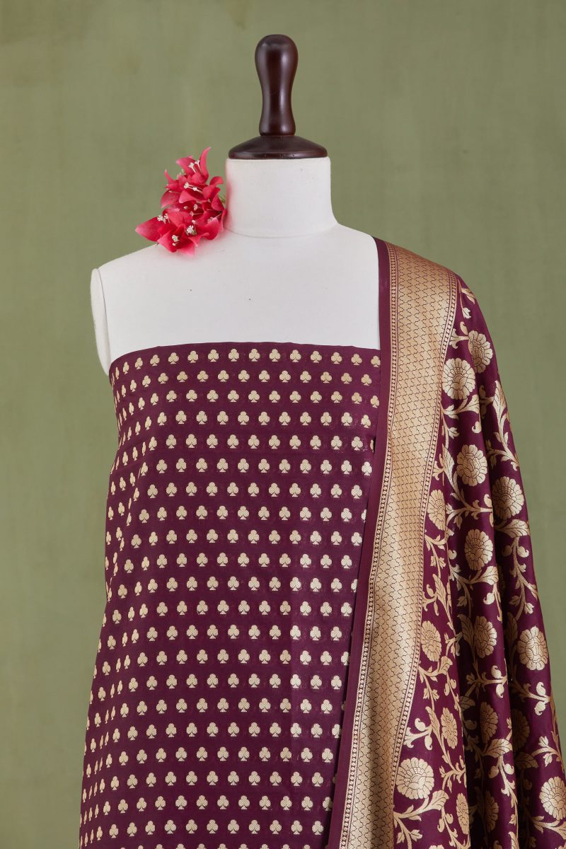Woven Banarasi Silk Straight Suit in Maroon 2